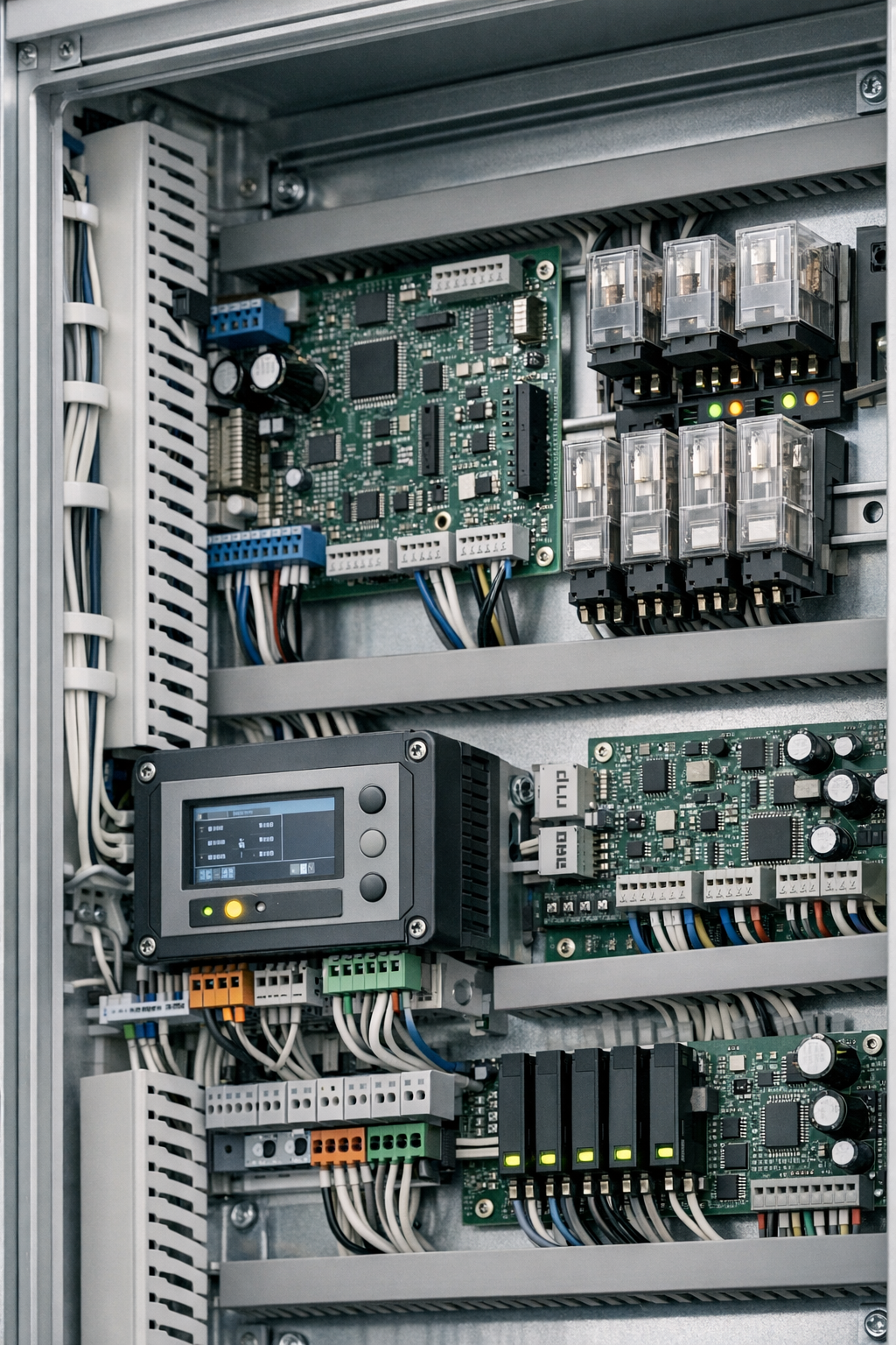 Technisches Detail einer Aufzugssteuerung mit präzisen elektronischen Komponenten.