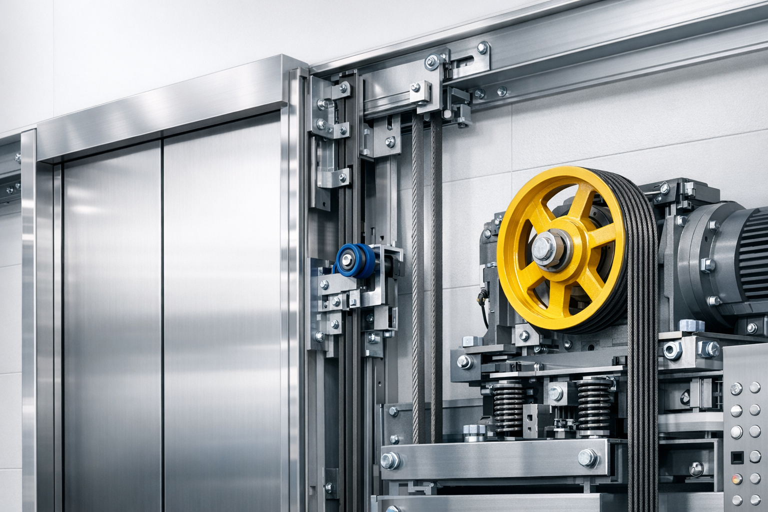 Technische Details einer hochwertigen Aufzugsanlage mit Steuerung und Metalloberflächen.