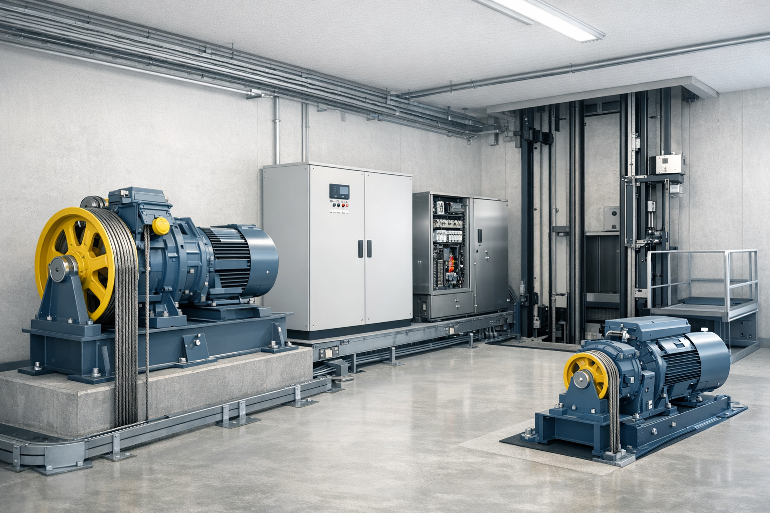 Heller Technikraum mit Maschinen und Steuerungstechnik eines Aufzugs.